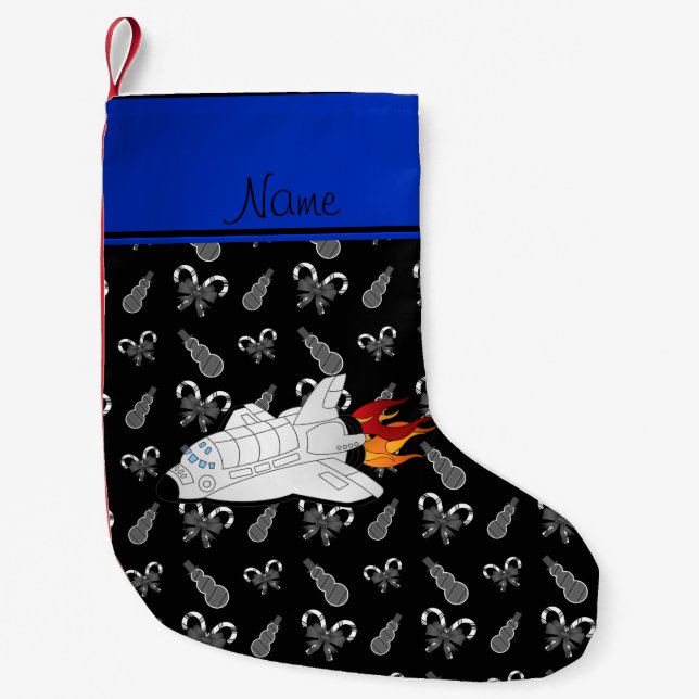 Personalised name space shuttle black candy canes small christmas stocking (Front)