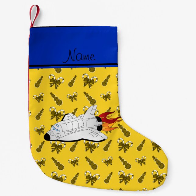 Personalised name space shuttle yellow candy canes small christmas stocking (Front)