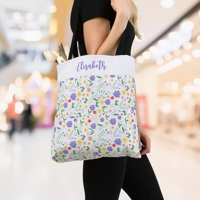 Personalised Name Spring Tote Bag, Colourful Flora (Personalized Name Tote Bag - Cute Pastel Floral Design)
