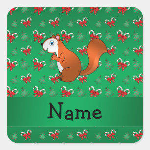 Personalised name squirrel green candy canes bows square sticker