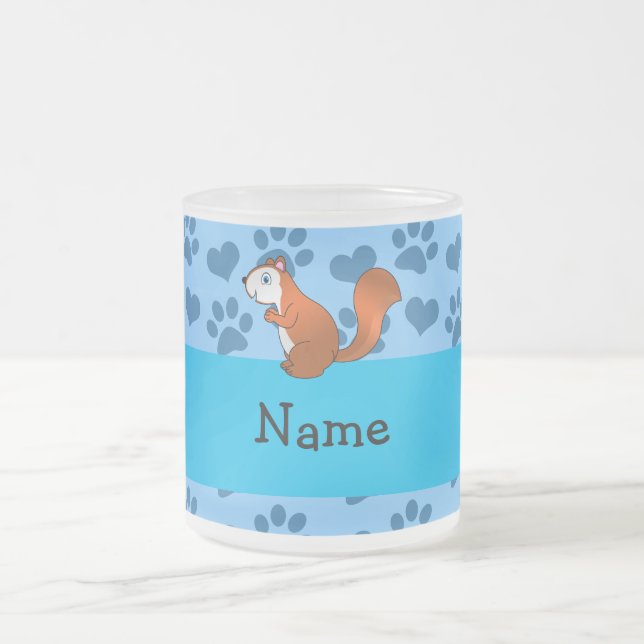 Personalised name squirrel pastel blue paws frosted glass coffee mug (Center)