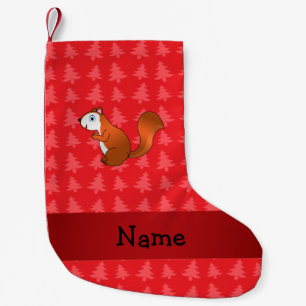 Personalised name squirrel red christmas trees small christmas stocking