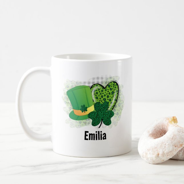 Personalised Name St Patricks Day Shamrock Clover Coffee Mug (With Donut)