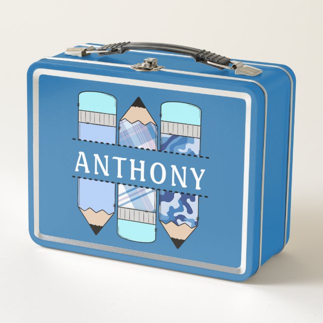 Personalised Name Student Pencil Blue Metal Lunch Box (Front)