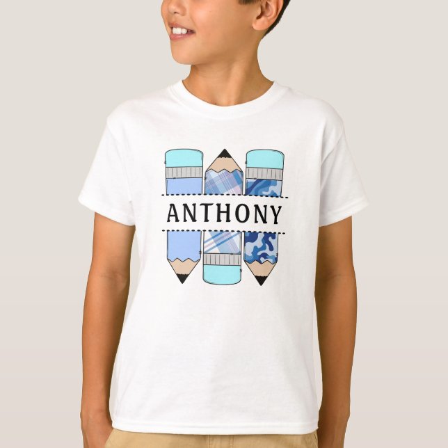 Personalised Name Student Pencil Blue T-shirt (Front)