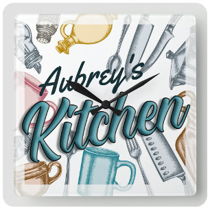 Personalised NAME Stylish Gourmet Kitchen Utensils Square Wall Clock