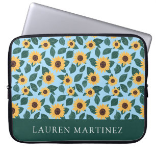 Personalised Name Sunflower Pattern on Blue Laptop Sleeve