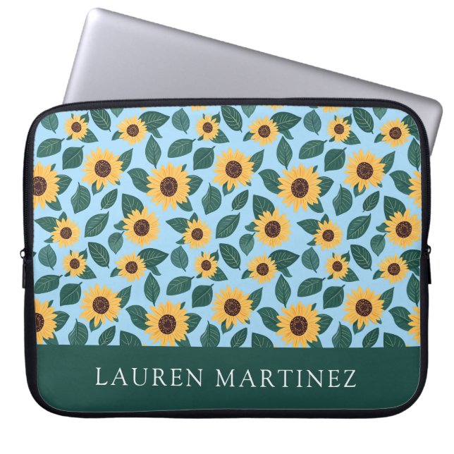Personalised Name Sunflower Pattern on Blue Laptop Sleeve (Front)