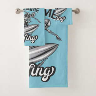Personalised NAME Surfer Big Wave Skeleton Surfing Bath Towel Set