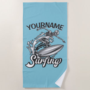 Personalised NAME Surfer Big Wave Skeleton Surfing Beach Towel