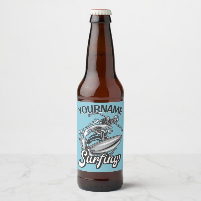 Personalised NAME Surfer Big Wave Skeleton Surfing Beer Bottle Label (Front)