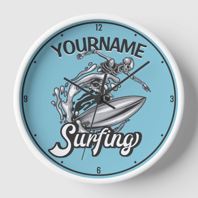 Personalised NAME Surfer Big Wave Skeleton Surfing Clock (Front)