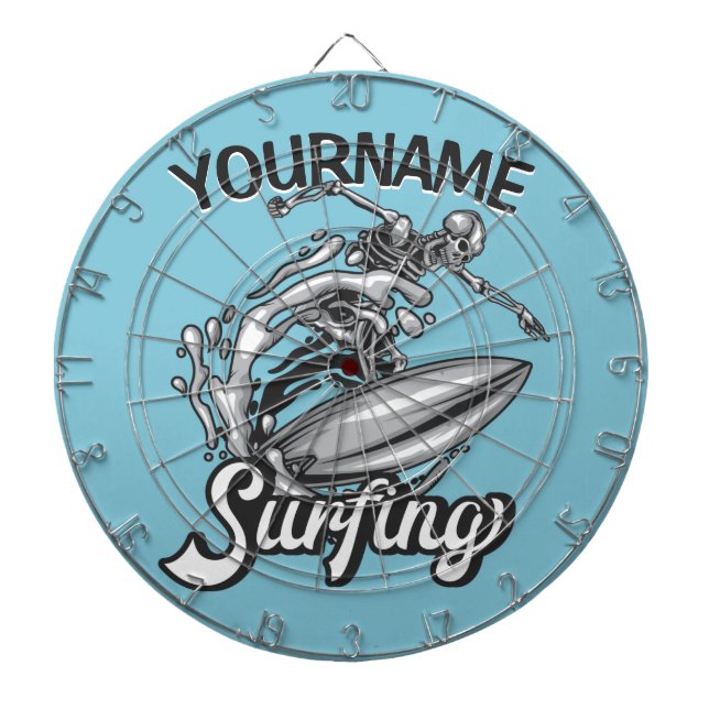 Personalised NAME Surfer Big Wave Skeleton Surfing Dartboard (Front)