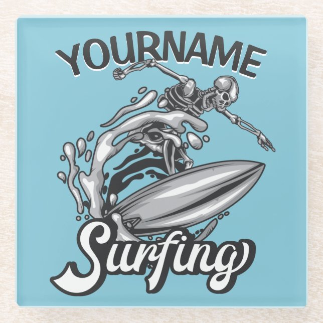 Personalised NAME Surfer Big Wave Skeleton Surfing Glass Coaster (Front)