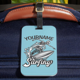 Personalised NAME Surfer Big Wave Skeleton Surfing Luggage Tag