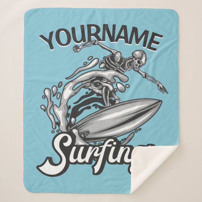 Personalised NAME Surfer Big Wave Skeleton Surfing Sherpa Blanket (Front)