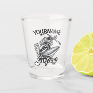 Personalised NAME Surfer Big Wave Skeleton Surfing Shot Glass