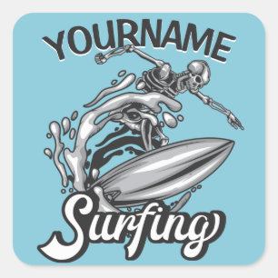 Personalised NAME Surfer Big Wave Skeleton Surfing Square Sticker