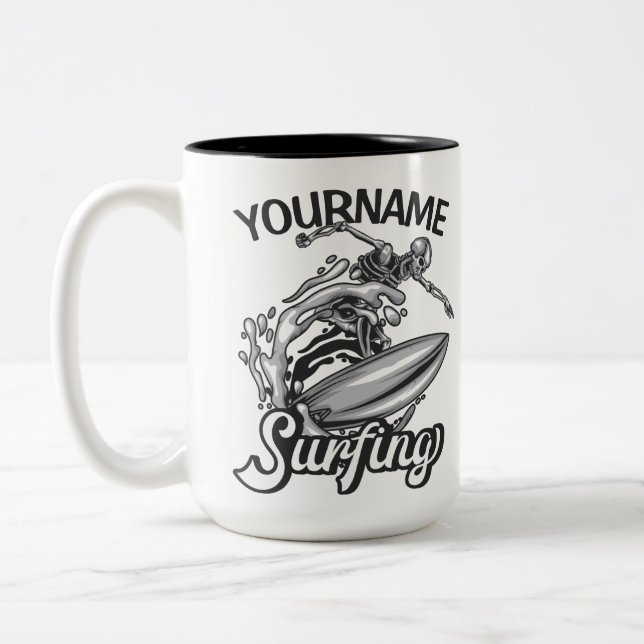 Personalised NAME Surfer Big Wave Skeleton Surfing Two-Tone Coffee Mug (Left)