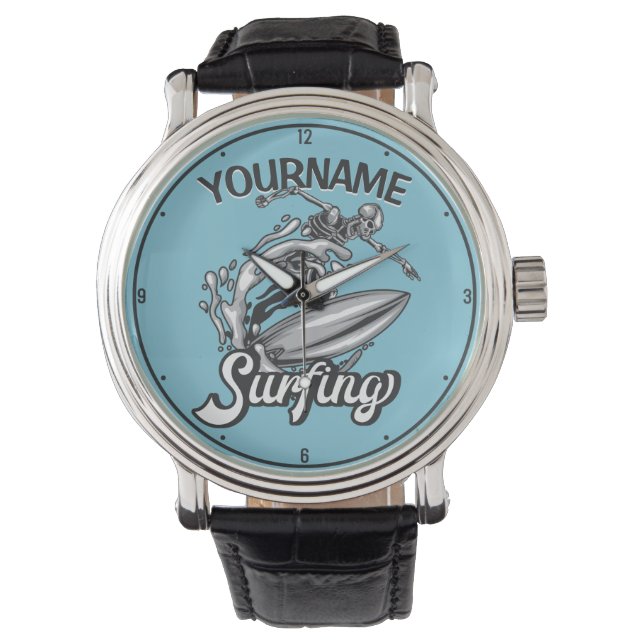 Personalised NAME Surfer Big Wave Skeleton Surfing Watch (Front)