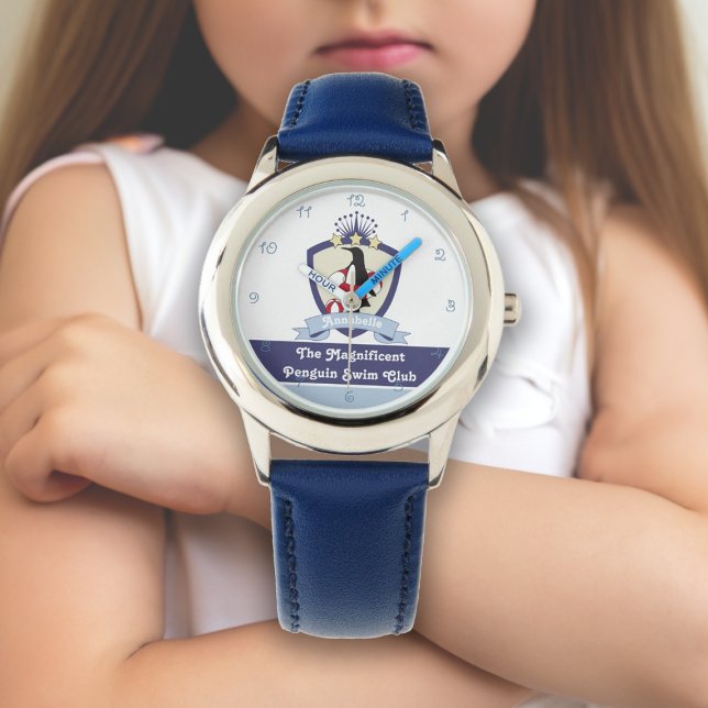 Personalised Name Swimming Club Crest Cute Penguin Watch (Creator Uploaded)
