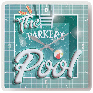 Personalised NAME Swimming Pool Splash Summer Sun Square Wall Clock