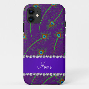 Personalised name swirly purple peacock feathers iPhone 11 case