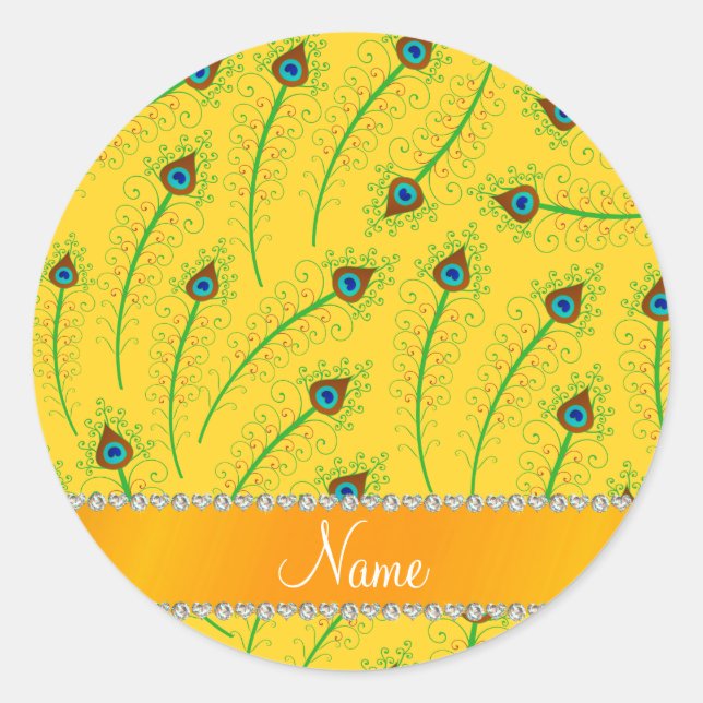 Personalised name swirly yellow peacock feathers classic round sticker (Front)