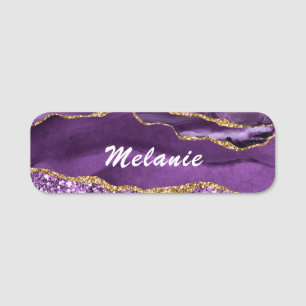 Personalised Name Tag Agate Purple Gold Glitter