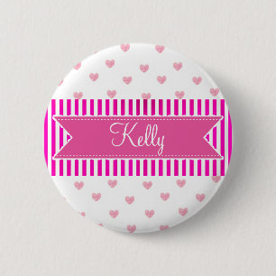 Personalised Name Tag Button, Pink Hearts 6 Cm Round Badge