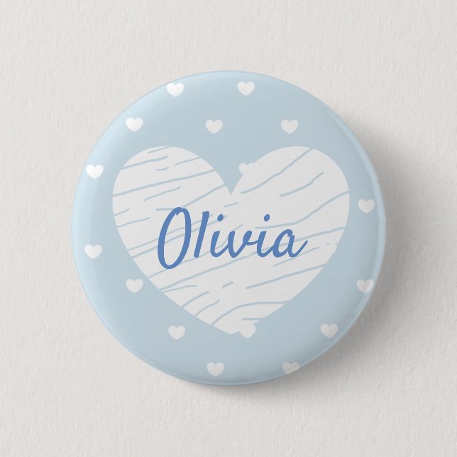 Personalised Name Tag Buttons Blue Hearts (Front)