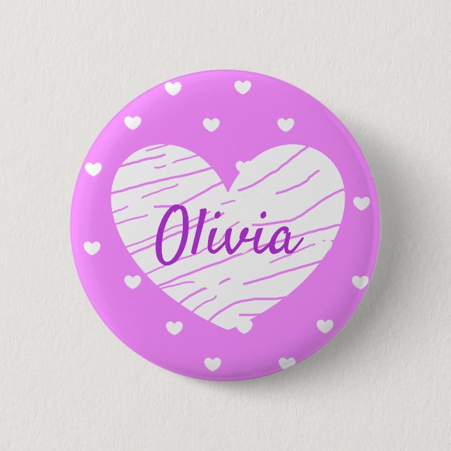 Personalised Name Tag Buttons Purple White Hearts (Front)