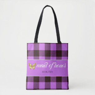 Personalised Name Tartan Maid Of Honour Bridesmaid Tote Bag