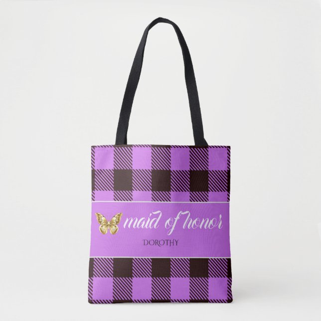Personalised Name Tartan Maid Of Honour Bridesmaid Tote Bag (Front)