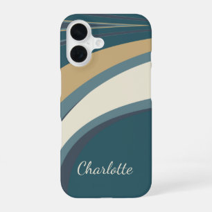 Personalised Name Teal Beige Retro Abstract Curves iPhone 16 Case