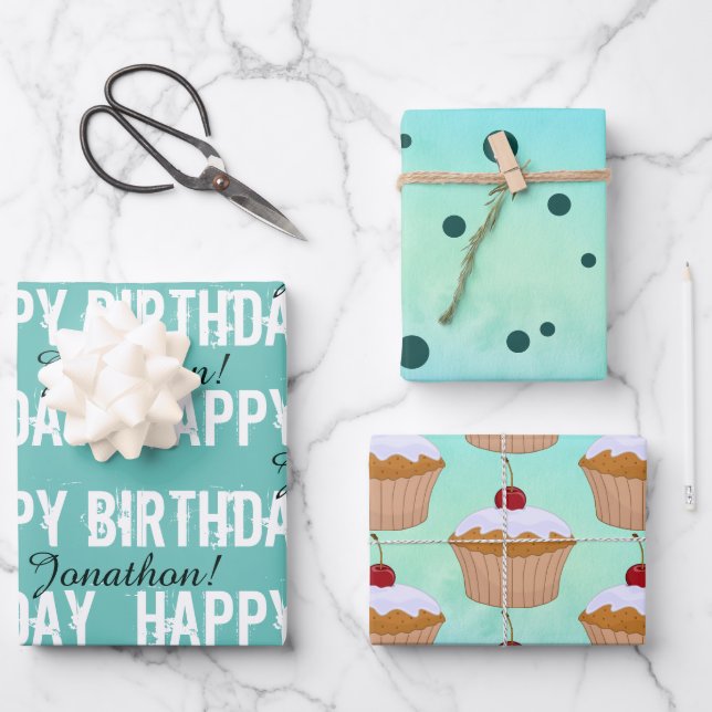 Personalised Name Teal Birthday Wrapping Paper (Front)