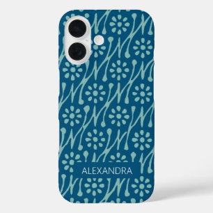 Personalised Name Teal Blue Boho Floral Retro iPhone 16 Case