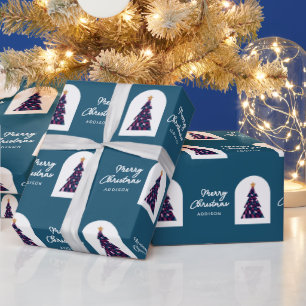 Personalised Name Teal Chequered Christmas Tree Wrapping Paper