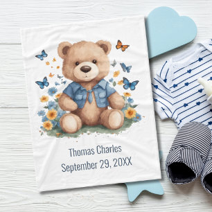 Personalised Name Teddy Bear Butterflies Baby  Fleece Blanket