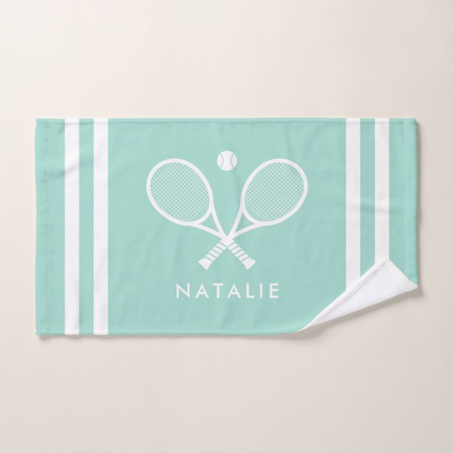Personalised Name Tennis Aqua Blue Stripes Hand Towel (Hand Towel)