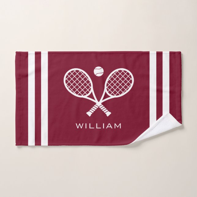 Personalised Name Tennis Burgundy Stripes  Hand Towel (Hand Towel)