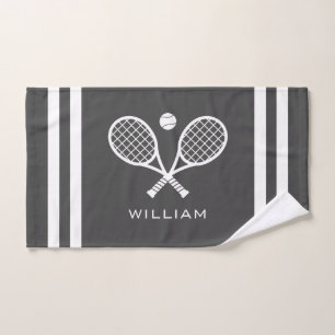 Personalised Name Tennis Dark Grey Stripes Hand Towel