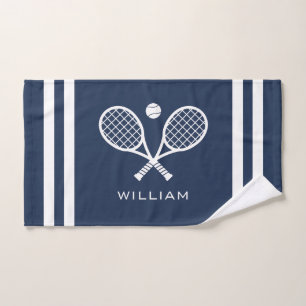 Personalised Name Tennis Navy Blue Stripes  Hand Towel