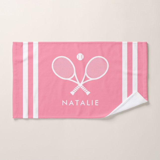 Personalised Name Tennis Pink Stripes Hand Towel (Hand Towel)