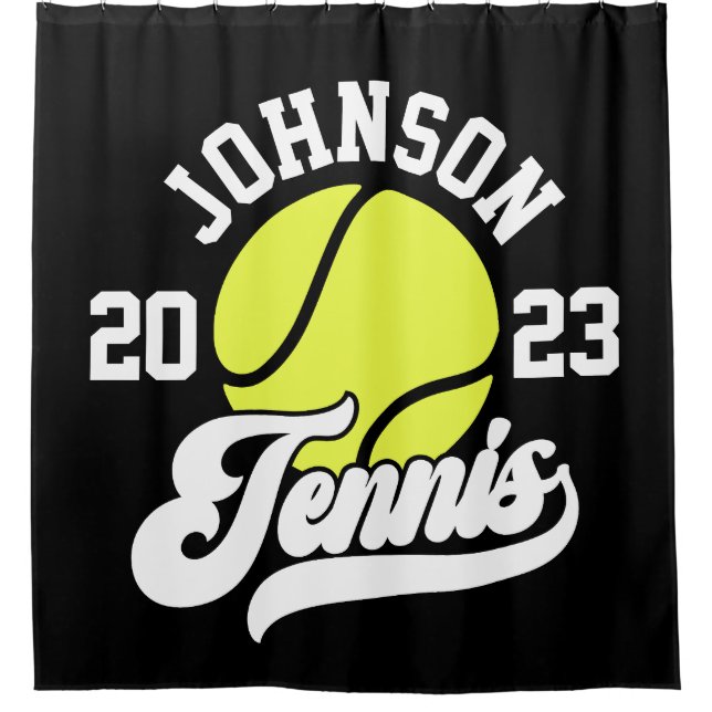 Personalised NAME Tennis Player Racket Ball Court Shower Curtain (Front)