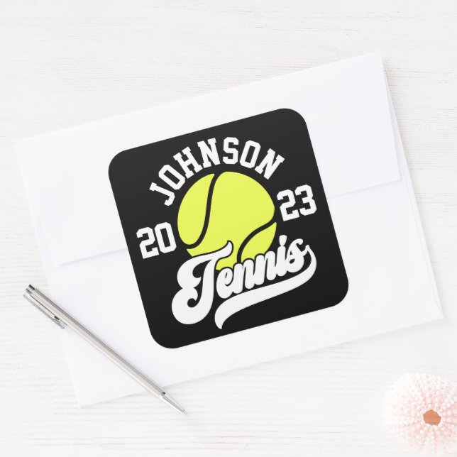 Personalised NAME Tennis Player Racket Ball Court Square Sticker (Envelope)