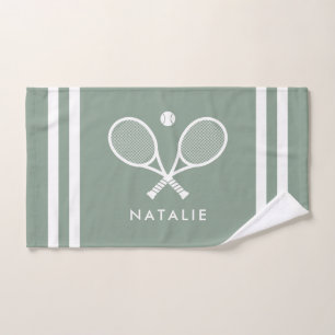 Personalised Name Tennis Sage Green Stripes Hand Towel