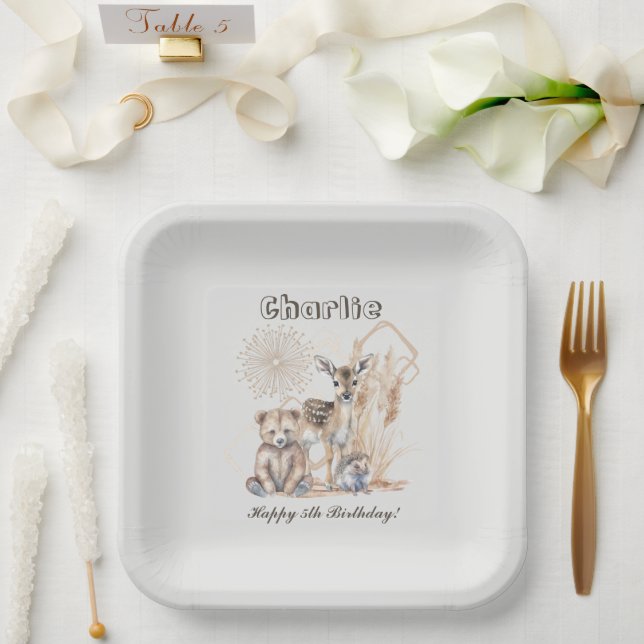 Personalised Name Text Boho Woodland Forest Animal Paper Plate (Wedding)