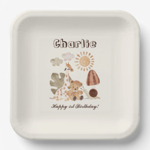 Personalised Name Text Boho Woodland Jungle Animal Paper Plate