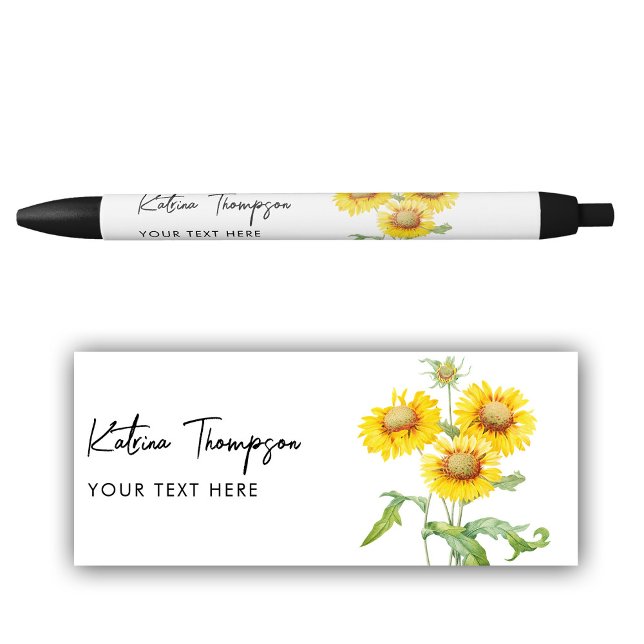 Personalised Name & Text Rustic Yellow Sunflowers Black Ink Pen (Personalized Name & Text Rustic Yellow Sunflowers Pen)